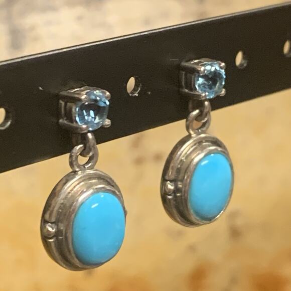 Sterling Silver, Sleeping Beauty Turquoise and Blue Topaz Dangle Earrings by NF - Picture 5 of 6